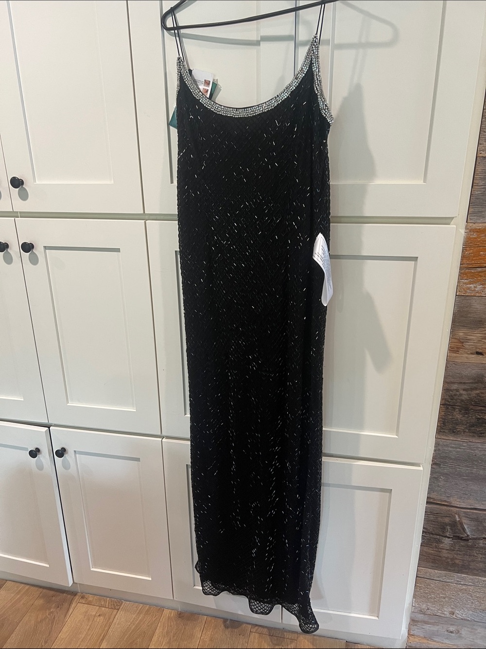 NWT MAC DUGGAL Black Beaded Spaghetti Strap Column Gown size 14